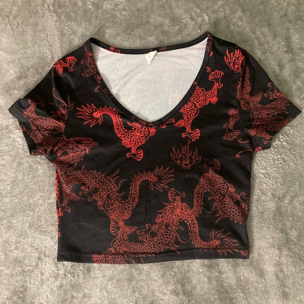 SHEIN Teen Girls Chinese Dragon Print V-Neck Tee
